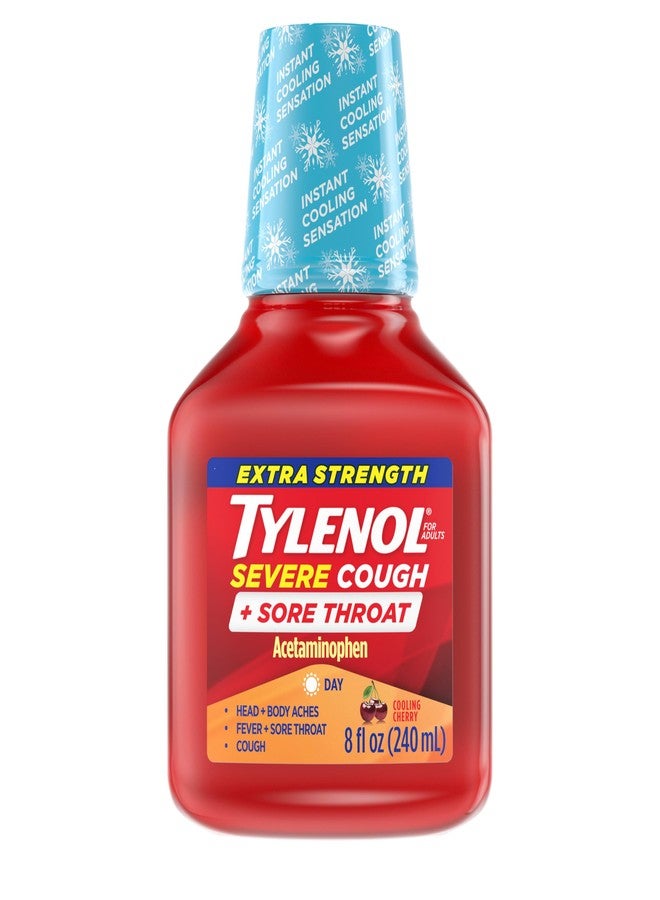 Tylenol Extra Strength Severe Cough + Sore Throat Daytime, Multi Symptom Cold Relief Liquid, Acetaminophen Pain Reliever & Dextromethorphan HBr Cough Suppressant, Cooling Cherry, 8 fl. oz - Image 1